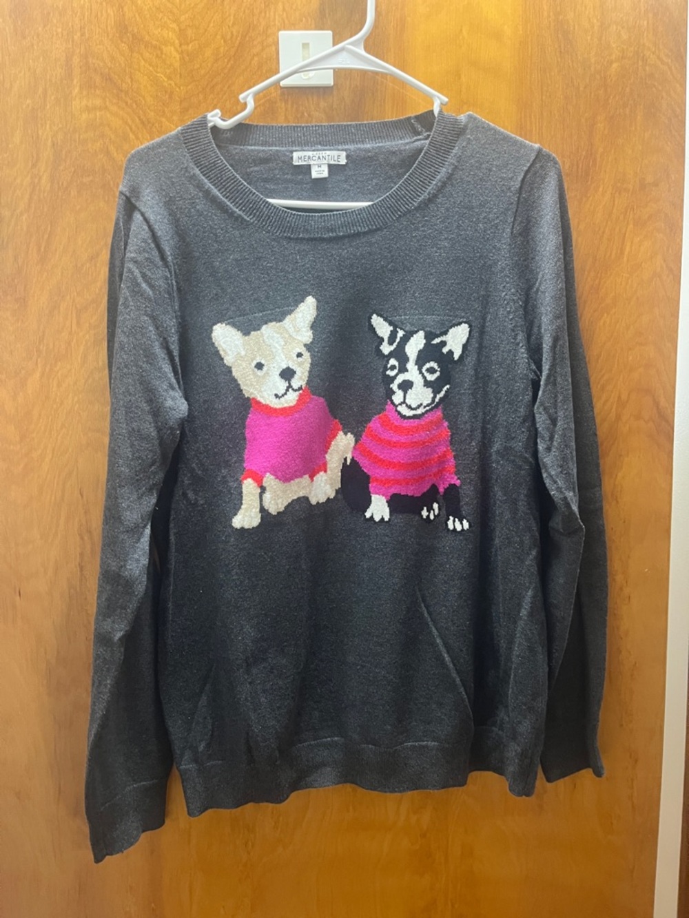 J. Crew Dark Gray Sweater with Pink Dog Motif